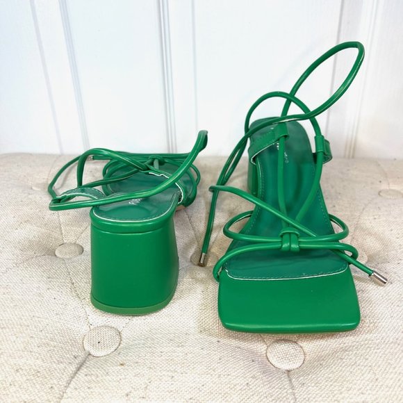 Green Lace Up Block Mid Heel Square Front Sandals 8 Wide Fit - Picture 4 of 10